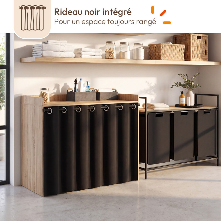 Armadio lavatrice doppio con tenda scorrevole WALLIS in faggio e legno effetto nero