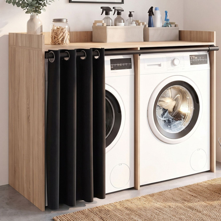 Armario doble para lavadora con cortina corredera WALLIS en haya y madera de aspecto negro