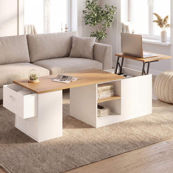 Mesa de centro rectangular ILONA con tablero elevable y extensible de 100-140 cm, con 2 cajones, compartimento y estante, en bla