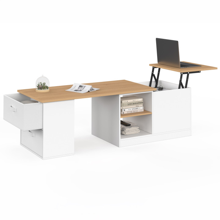 Mesa de centro rectangular ILONA con tablero elevable y extensible de 100-140 cm, con 2 cajones, compartimento y estante, en bla