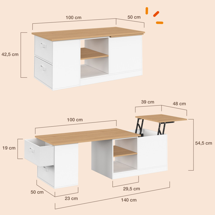Rechteckiger Couchtisch ILONA mit hochklappbarer und ausziehbarer Platte (100–140 cm), 2 Schubladen, Stauraum und Ablage, in Wei