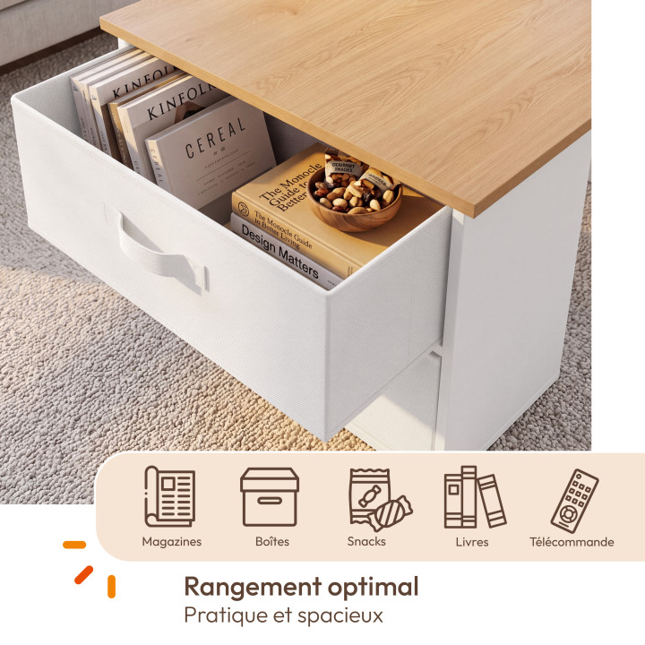 Table basse plateau relevable et extensible rectangulaire ILONA 110-150 cm avec 2 tiroirs, coffre et étagère blanc et bois