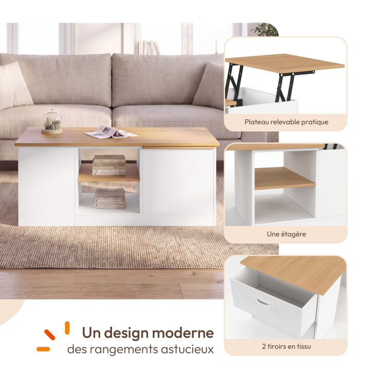 Table basse plateau relevable et extensible rectangulaire ILONA 110-150 cm avec 2 tiroirs, coffre et étagère blanc et bois