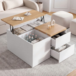 CALIA Couchtisch mit hochklappbarer quadratischer Platte (80 cm), 2 Staufächern und 2 Schubladen, in Weiß und Holzoptik