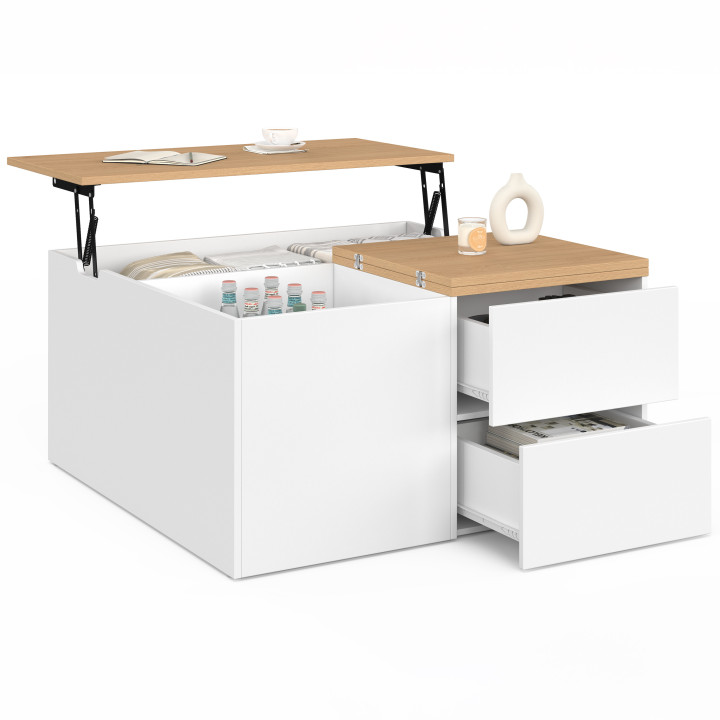 Mesa de centro cuadrada CALIA de 80 cm con tablero elevable, 2 compartimentos y 2 cajones, en blanco y madera