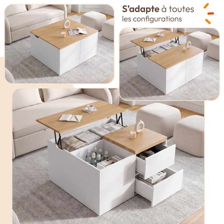 CALIA Couchtisch mit hochklappbarer quadratischer Platte (80 cm), 2 Staufächern und 2 Schubladen, in Weiß und Holzoptik