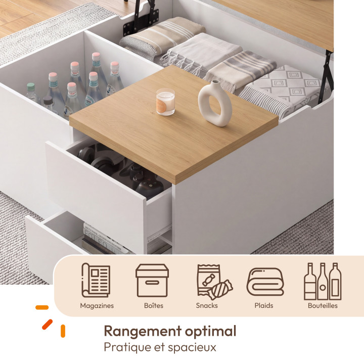 Mesa de centro cuadrada CALIA de 80 cm con tablero elevable, 2 compartimentos y 2 cajones, en blanco y madera