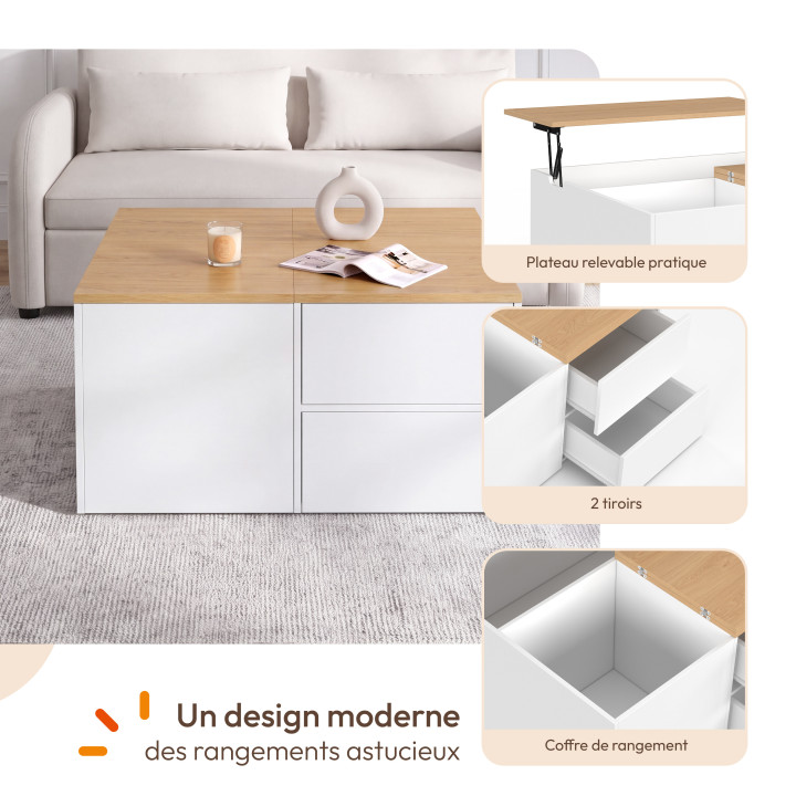 CALIA Couchtisch mit hochklappbarer quadratischer Platte (80 cm), 2 Staufächern und 2 Schubladen, in Weiß und Holzoptik