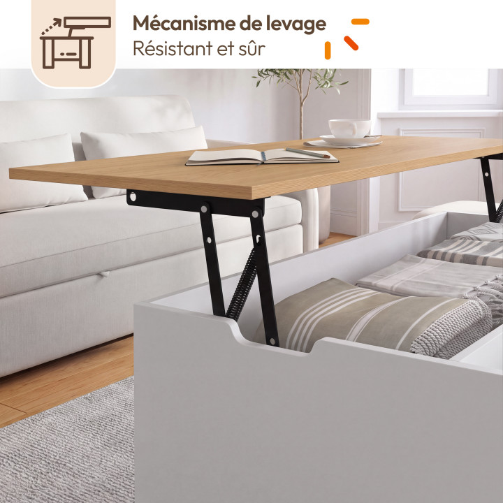 Mesa de centro cuadrada CALIA de 80 cm con tablero elevable, 2 compartimentos y 2 cajones, en blanco y madera