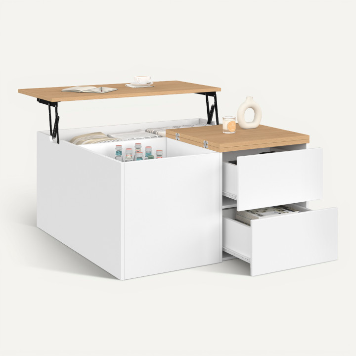 CALIA Couchtisch mit hochklappbarer quadratischer Platte (80 cm), 2 Staufächern und 2 Schubladen, in Weiß und Holzoptik