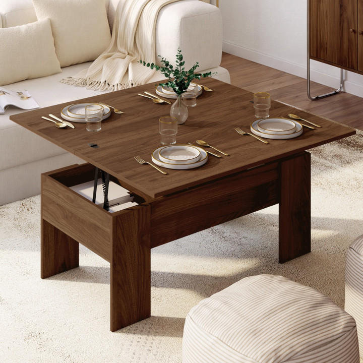 Mesa de centro rectangular elevable convertible en mesa de comedor de madera efecto nogal TARA 100 cm