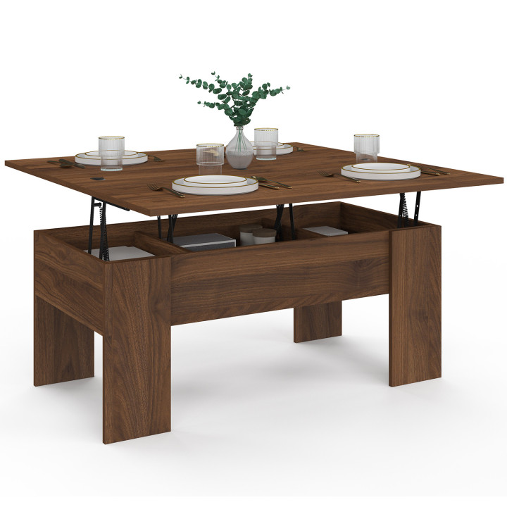 Table basse plateau relevable rectangulaire convertible en table à manger TARA 100 cm bois effet noyer