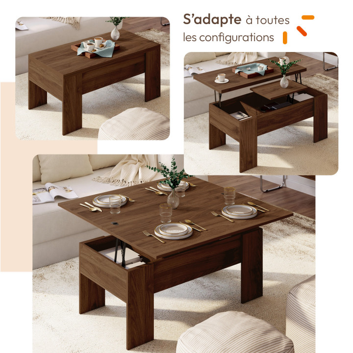 Table basse plateau relevable rectangulaire convertible en table à manger TARA 100 cm bois effet noyer