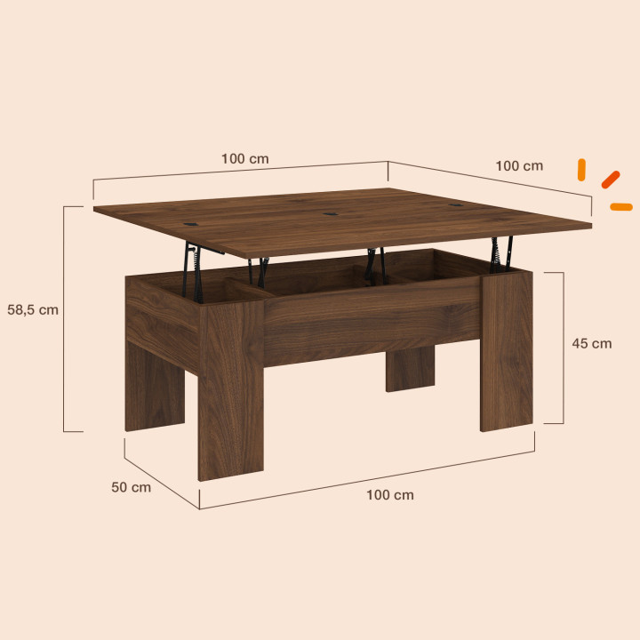 Tavolino rettangolare alzabile trasformabile in tavolo da pranzo in legno effetto noce TARA 100 cm