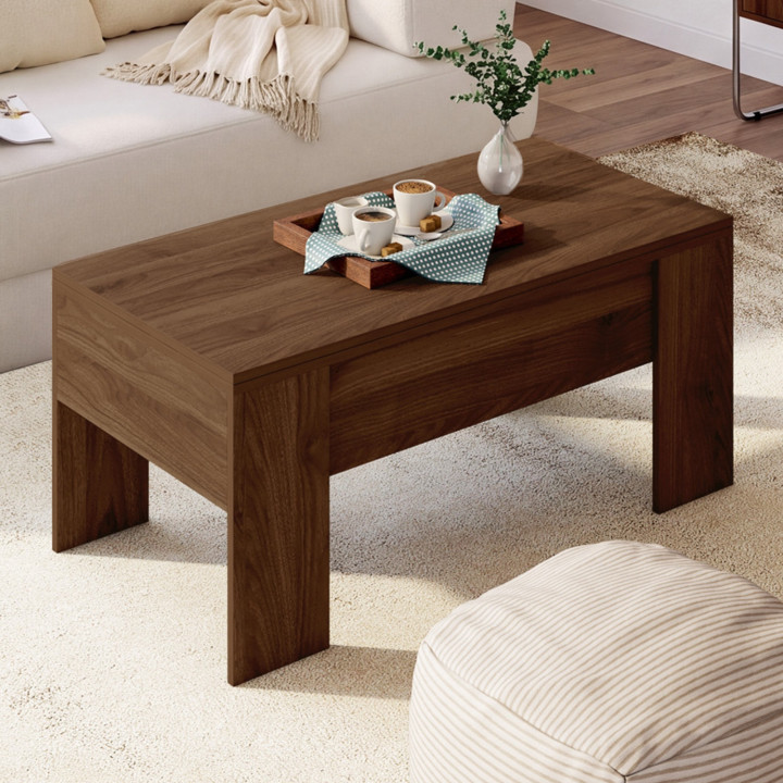 Table basse plateau relevable rectangulaire convertible en table à manger TARA 100 cm bois effet noyer