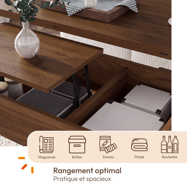 Tavolino rettangolare alzabile trasformabile in tavolo da pranzo in legno effetto noce TARA 100 cm