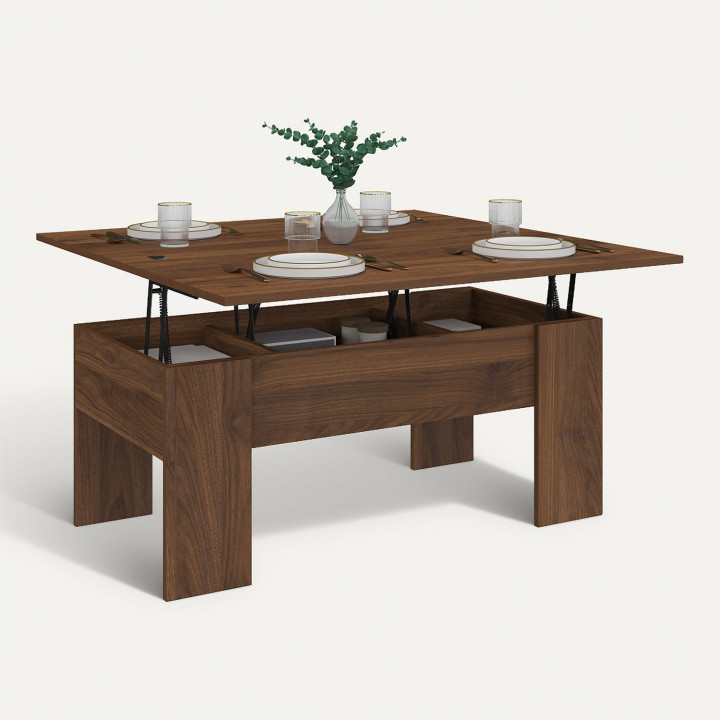 Mesa de centro rectangular elevable convertible en mesa de comedor de madera efecto nogal TARA 100 cm