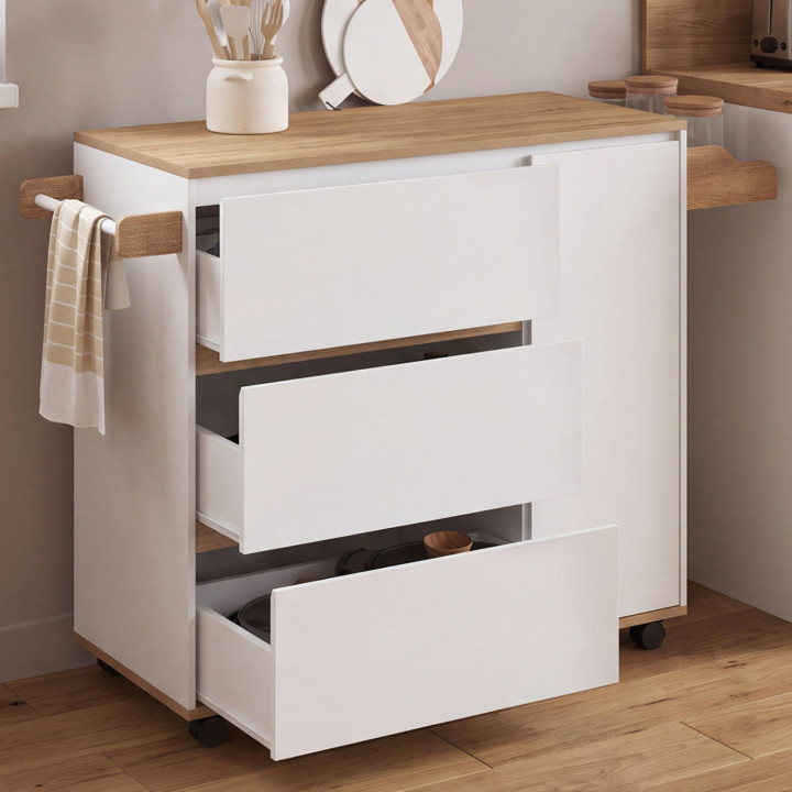 Aparador de cocina COMI XXL con 3 caceroleros y armario blanco y encimera efecto haya L. 90 cm