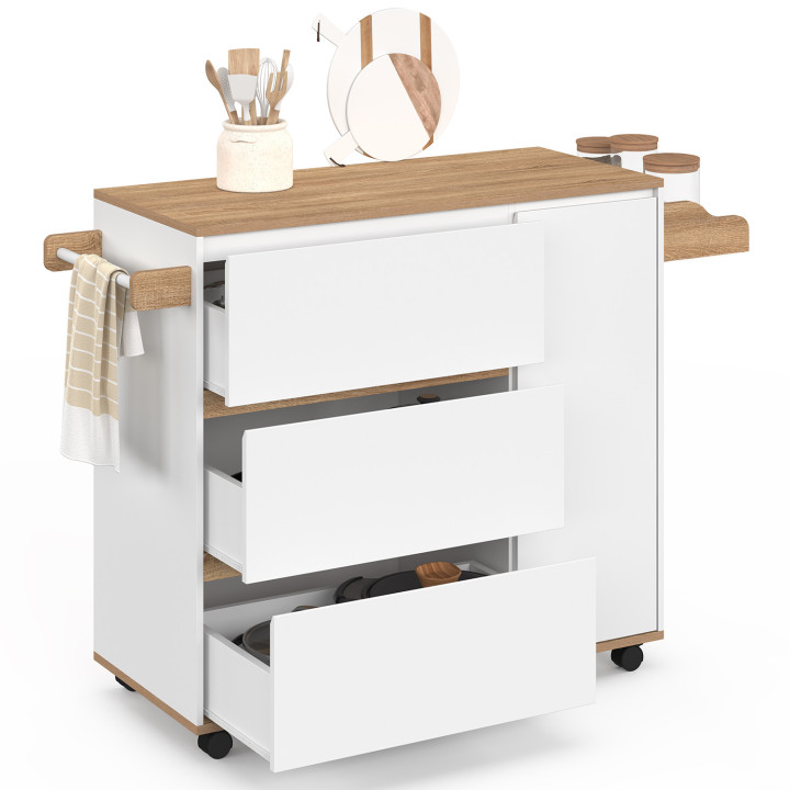 Aparador de cocina COMI XXL con 3 caceroleros y armario blanco y encimera efecto haya L. 90 cm