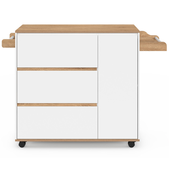 Desserte de cuisine COMI XXL avec 3 tiroirs casserolier et placard blanc et plateau façon hêtre L. 90 cm