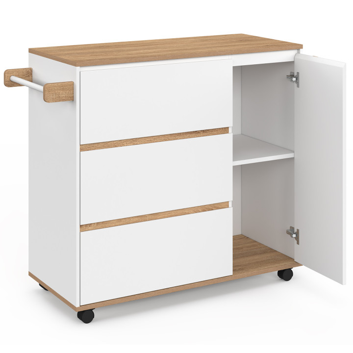 Desserte de cuisine COMI XXL avec 3 tiroirs casserolier et placard blanc et plateau façon hêtre L. 90 cm