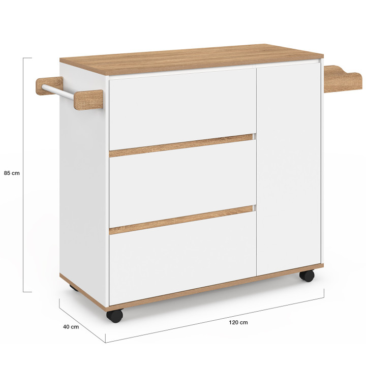 Desserte de cuisine COMI XXL avec 3 tiroirs casserolier et placard blanc et plateau façon hêtre L. 90 cm