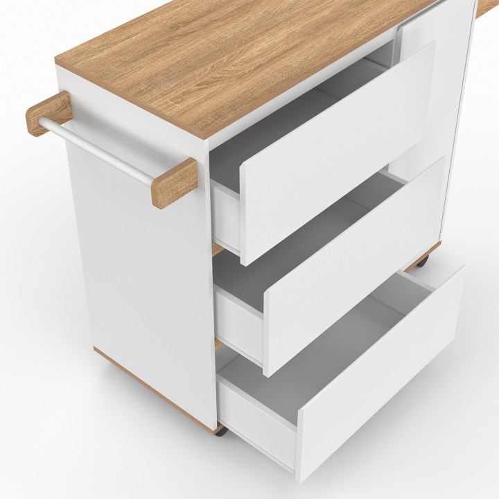 Desserte de cuisine COMI XXL avec 3 tiroirs casserolier et placard blanc et plateau façon hêtre L. 90 cm