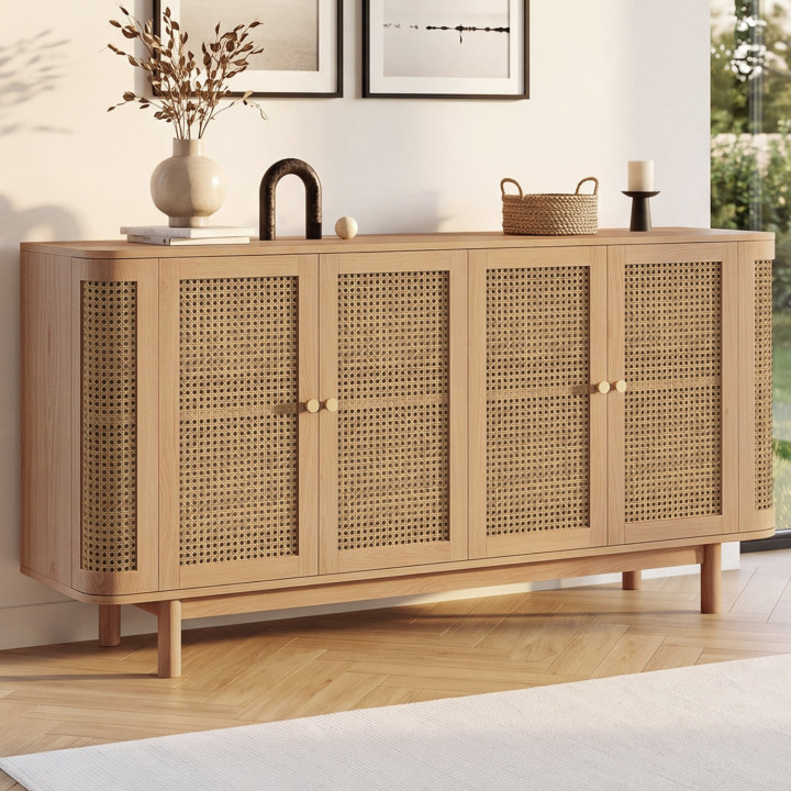 Aparador redondo de 4 puertas DANA 160 cm en madera y mimbre