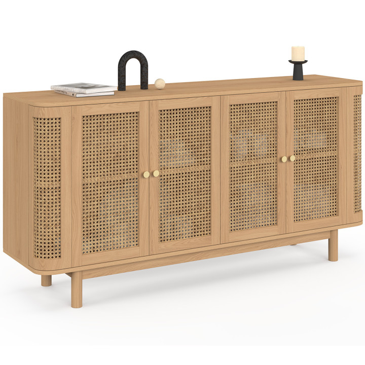 Buffet 160 cm DANA arrondi 4 portes bois et cannage