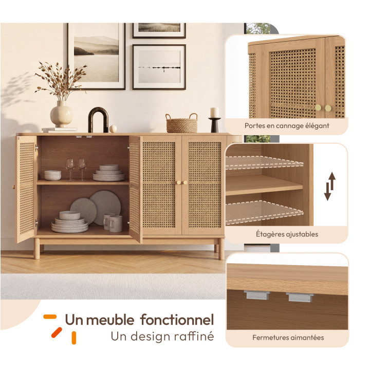 Buffet 160 cm DANA arrondi 4 portes bois et cannage