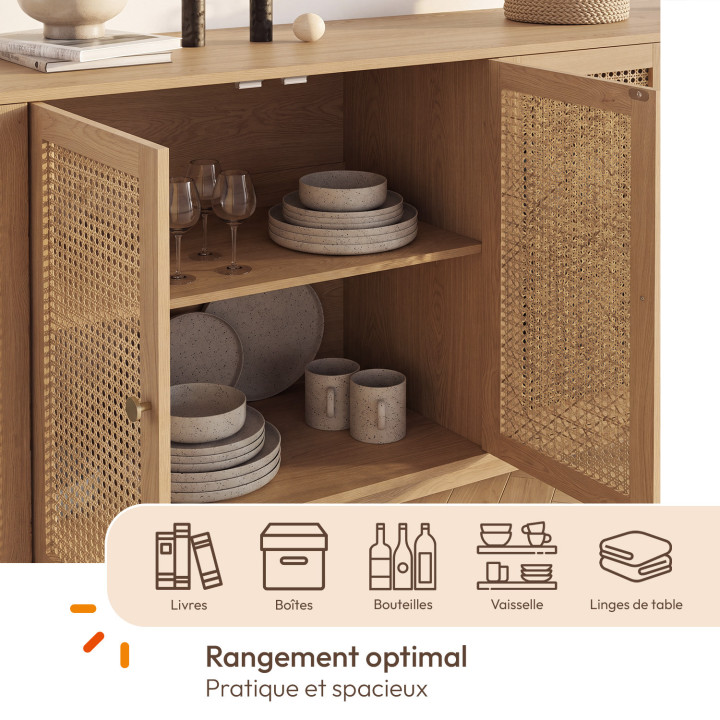 Buffet 160 cm DANA arrondi 4 portes bois et cannage