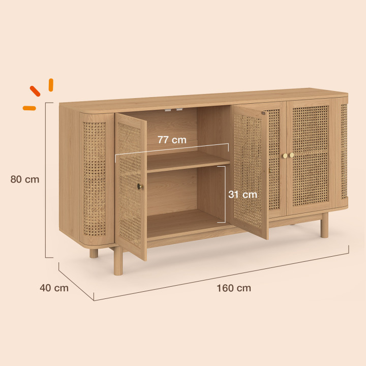 Buffet 160 cm DANA arrondi 4 portes bois et cannage