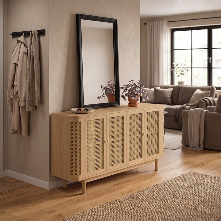 Buffet 160 cm DANA arrondi 4 portes bois et cannage