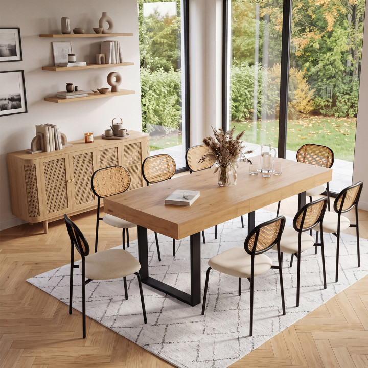 Buffet 160 cm DANA arrondi 4 portes bois et cannage