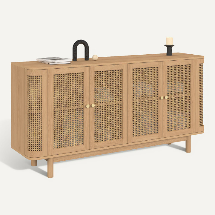 DANA 160 cm afgerond 4-deurs dressoir in hout en vlechtwerk