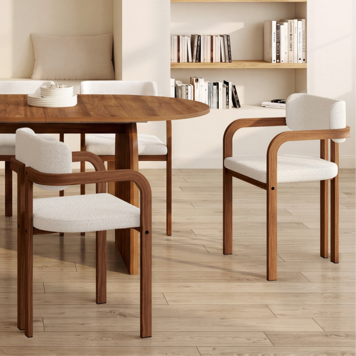 Set di 4 sedie da pranzo e poltrone da tavolo ESMA in metallo effetto noce e tessuto bouclette con braccioli