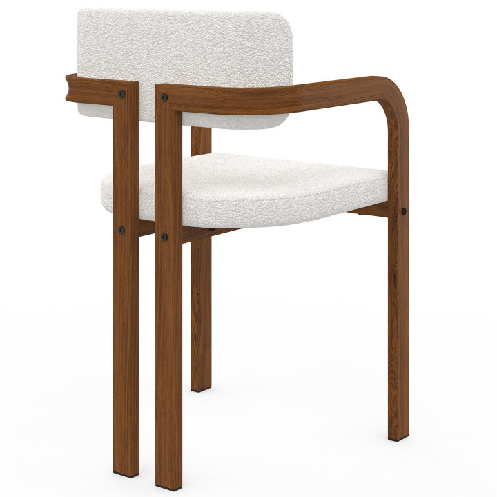 Set van 4 ESMA eetkamerstoelen en tafelarmstoelen in walnoteneffect metaal en bouclette stof met armleuningen