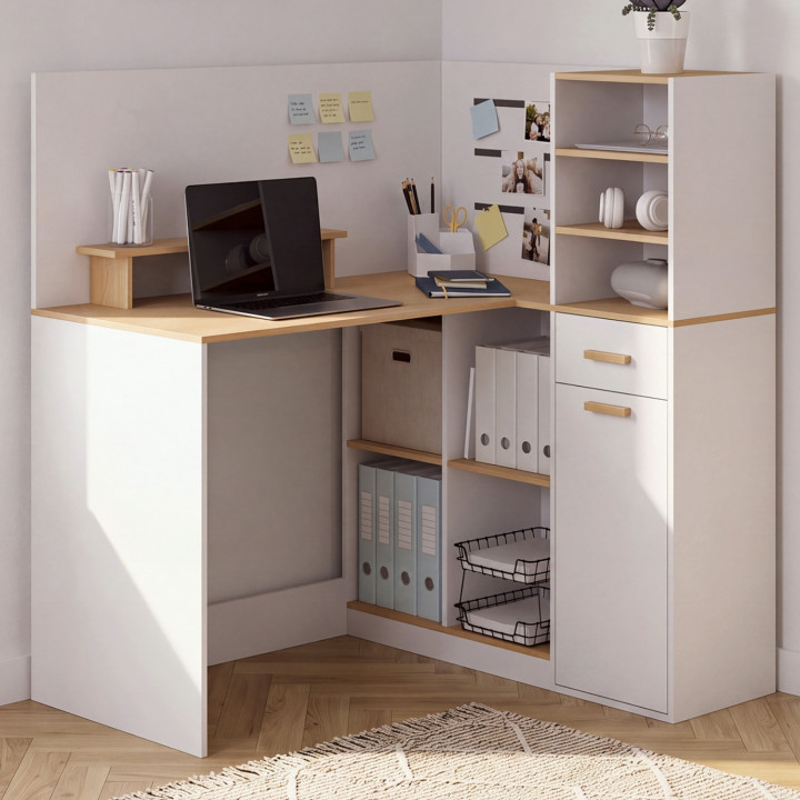 Scrivania angolare CHARLES con 1 anta, nicchie e cassetto, con supporto per monitor bianco e finitura in legno effetto faggio