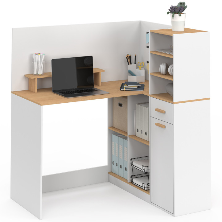 Scrivania angolare CHARLES con 1 anta, nicchie e cassetto, con supporto per monitor bianco e finitura in legno effetto faggio