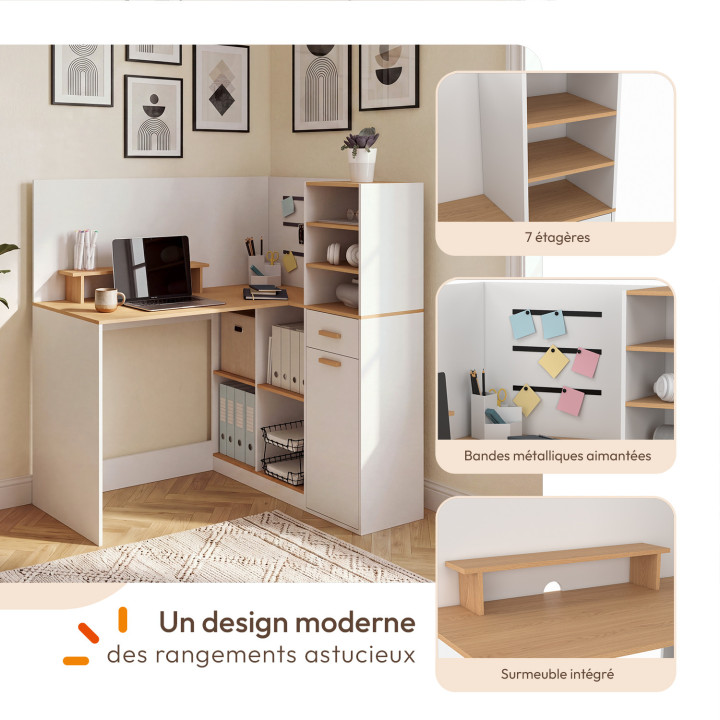Scrivania angolare CHARLES con 1 anta, nicchie e cassetto, con supporto per monitor bianco e finitura in legno effetto faggio