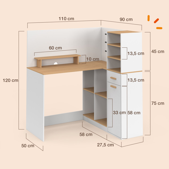 Scrivania angolare CHARLES con 1 anta, nicchie e cassetto, con supporto per monitor bianco e finitura in legno effetto faggio