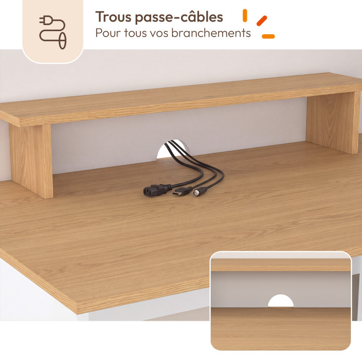 Bureau d’angle CHARLES 1 porte, niches et tiroir avec support écran blanc et bois façon hêtre