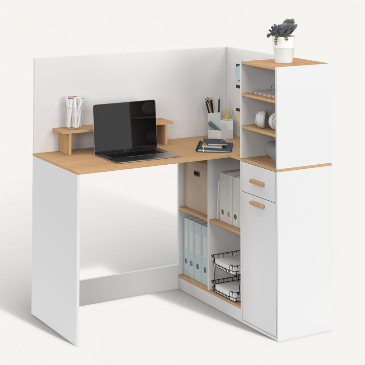 Scrivania angolare CHARLES con 1 anta, nicchie e cassetto, con supporto per monitor bianco e finitura in legno effetto faggio