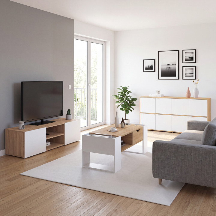 Meuble TV 113 cm ELI blanc portes façon hêtre