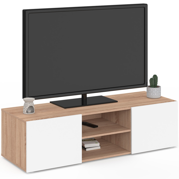 Meuble TV 113 cm ELI blanc portes façon hêtre