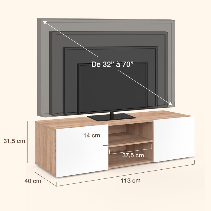 Meuble TV 113 cm ELI blanc portes façon hêtre
