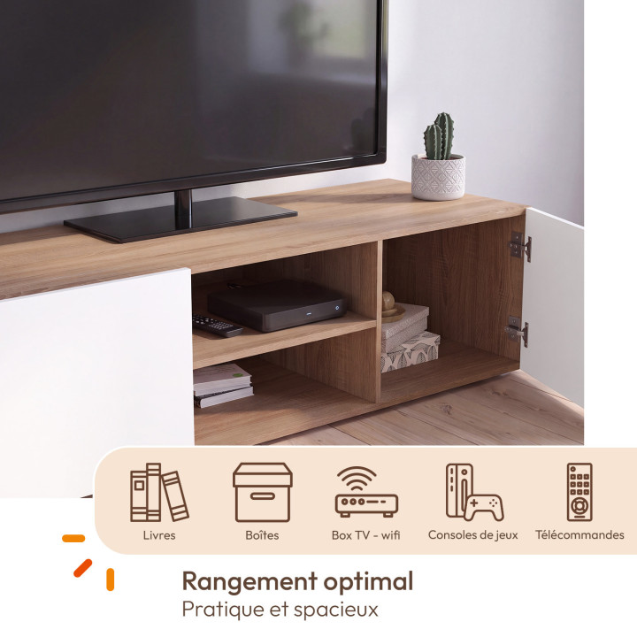 Meuble TV 113 cm ELI blanc portes façon hêtre