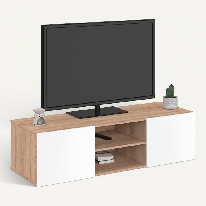 Meuble TV 113 cm ELI blanc portes façon hêtre