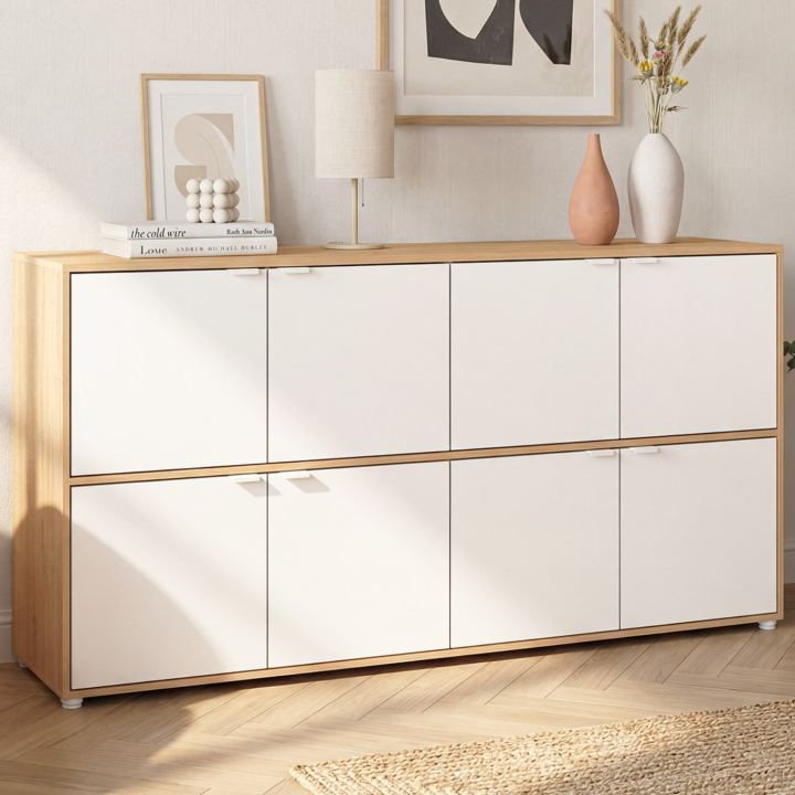 Credenza a armadietti da 130 cm con 8 ante, bianca e in legno - CASSIE