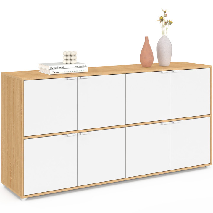 Schrank mit Fächern, 130 cm, 8 Türen, weiß und Holz – CASSIE